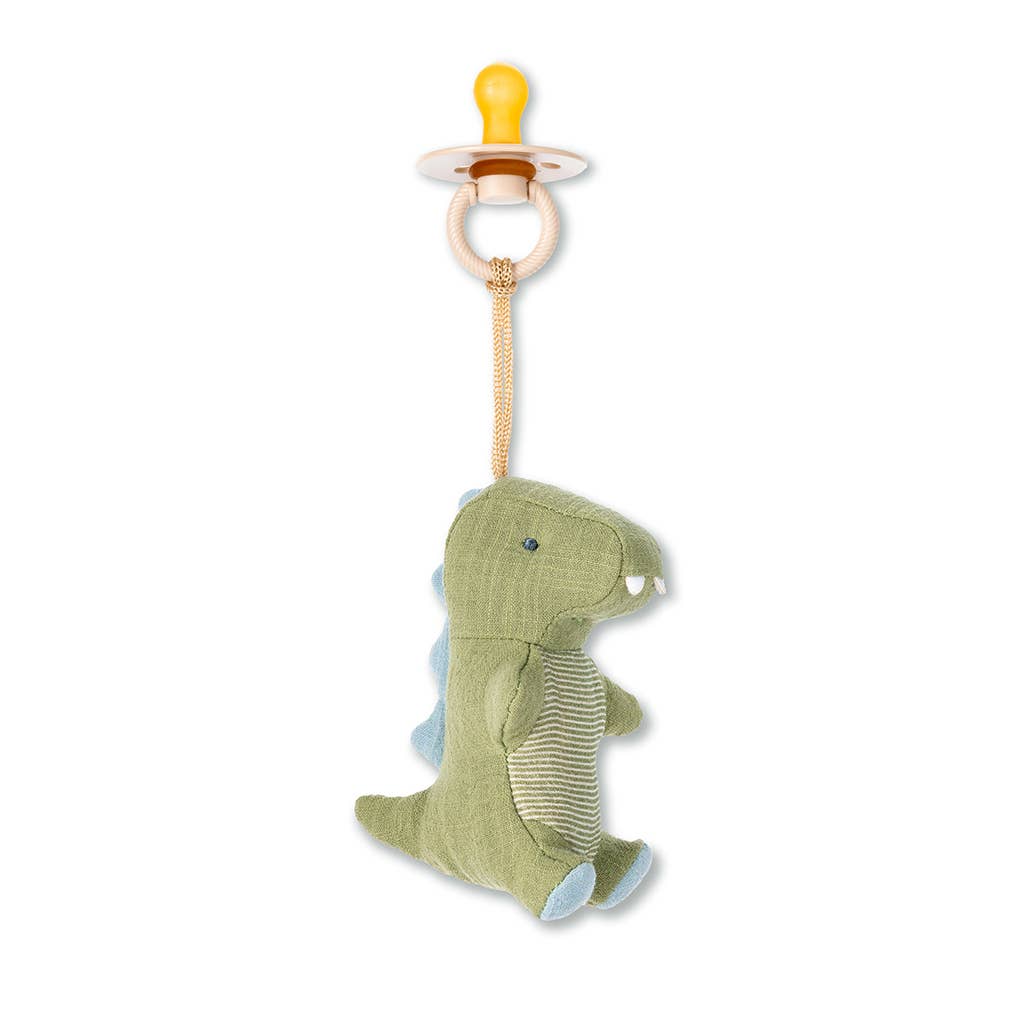 Itzy Bitzy natural rubber pacifier and stuffed dinosaur