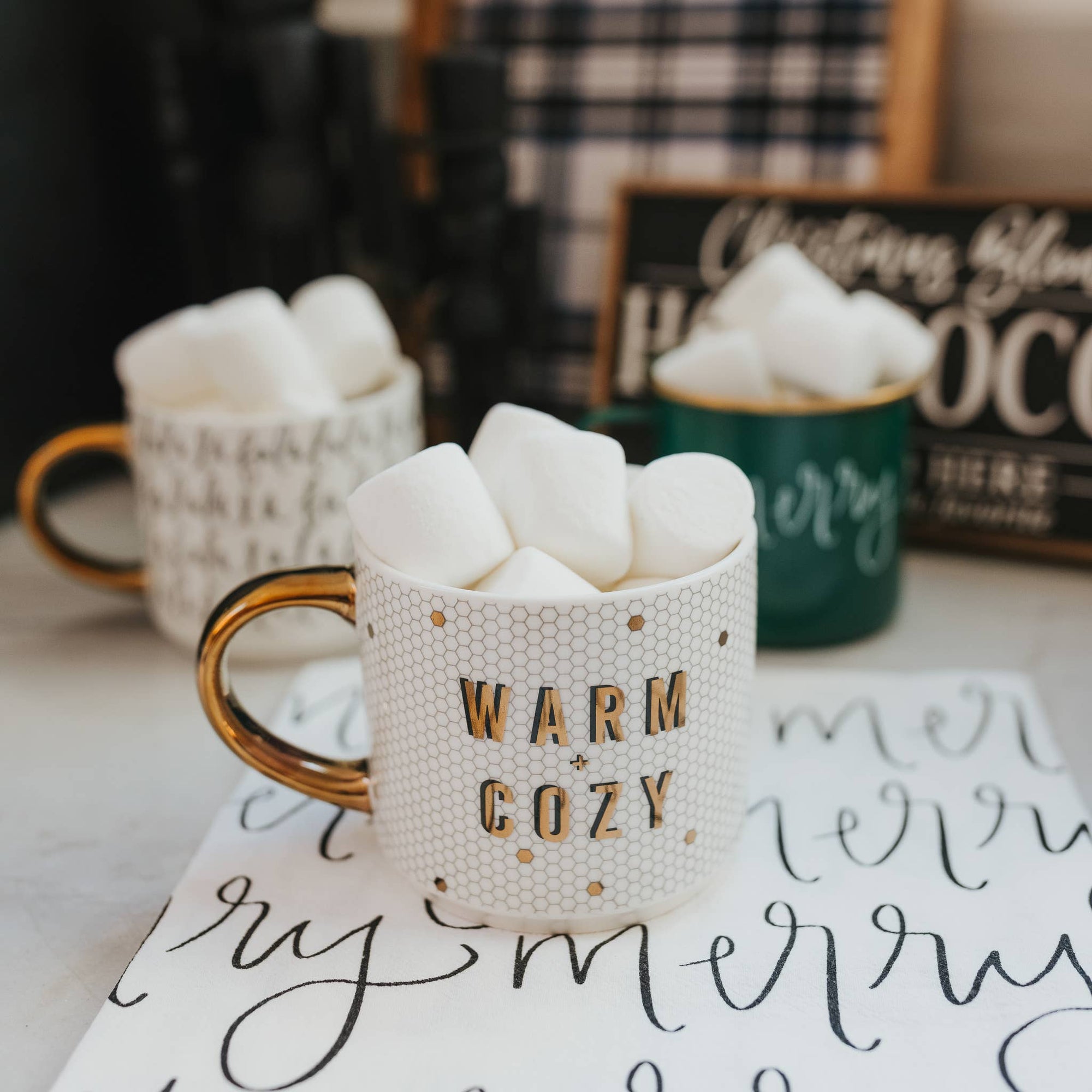 warm and cozy gold tile holiday mug