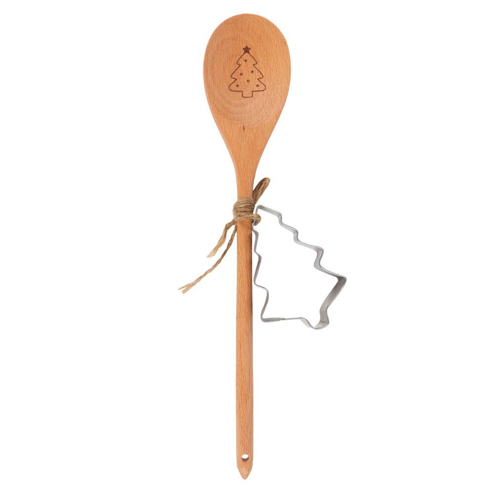 christmas tree baking set, wooden mixing spook and cookie cutter