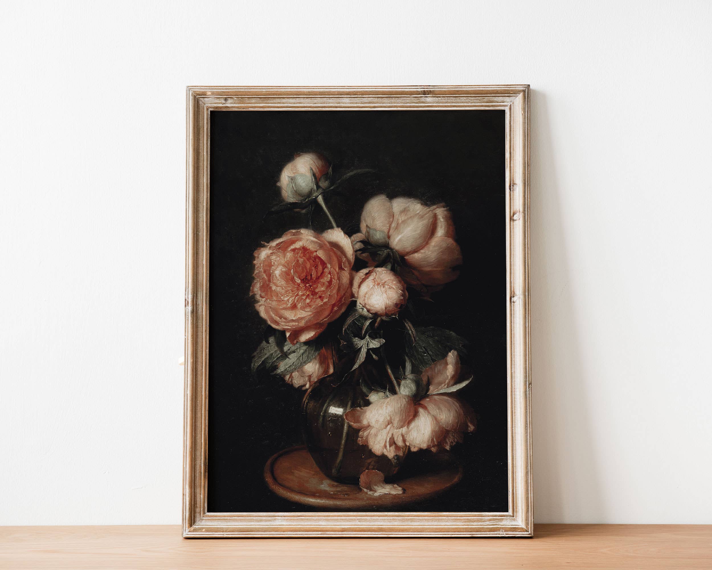 print of famous vintage european oil painting featuring farmhouse peonies still life