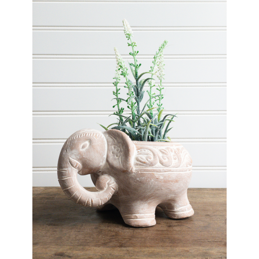 small whitewashed terracotta elephant planter