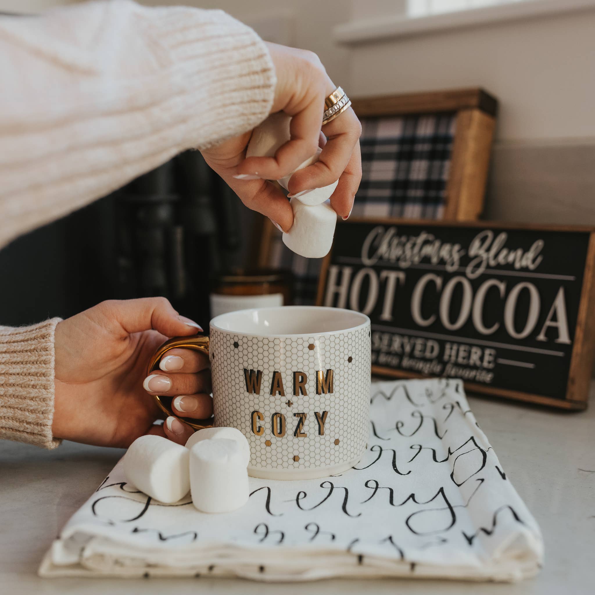 warm and cozy gold tile holiday mug