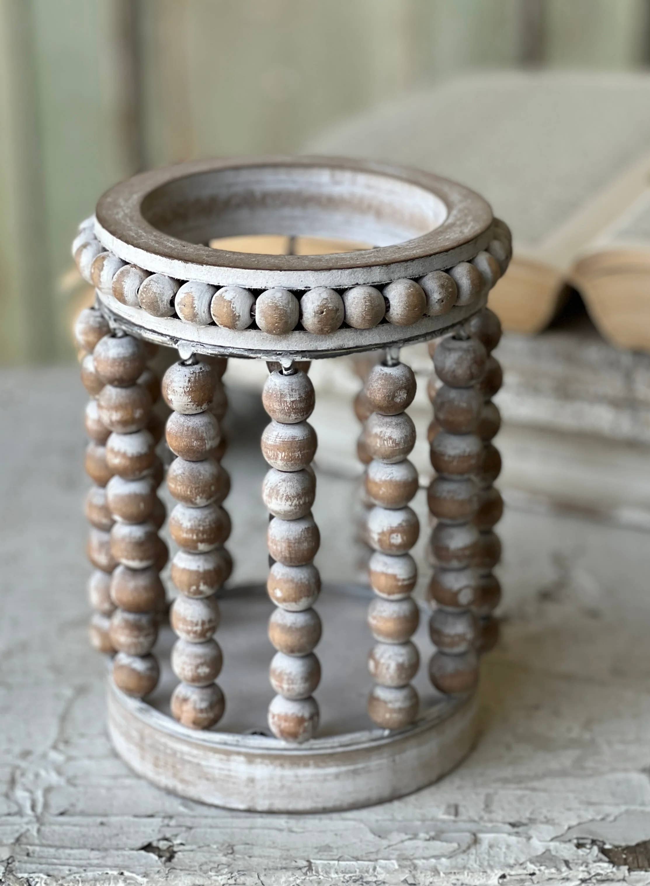 whitewashed wood beaded 7" lantern, farmhouse charm