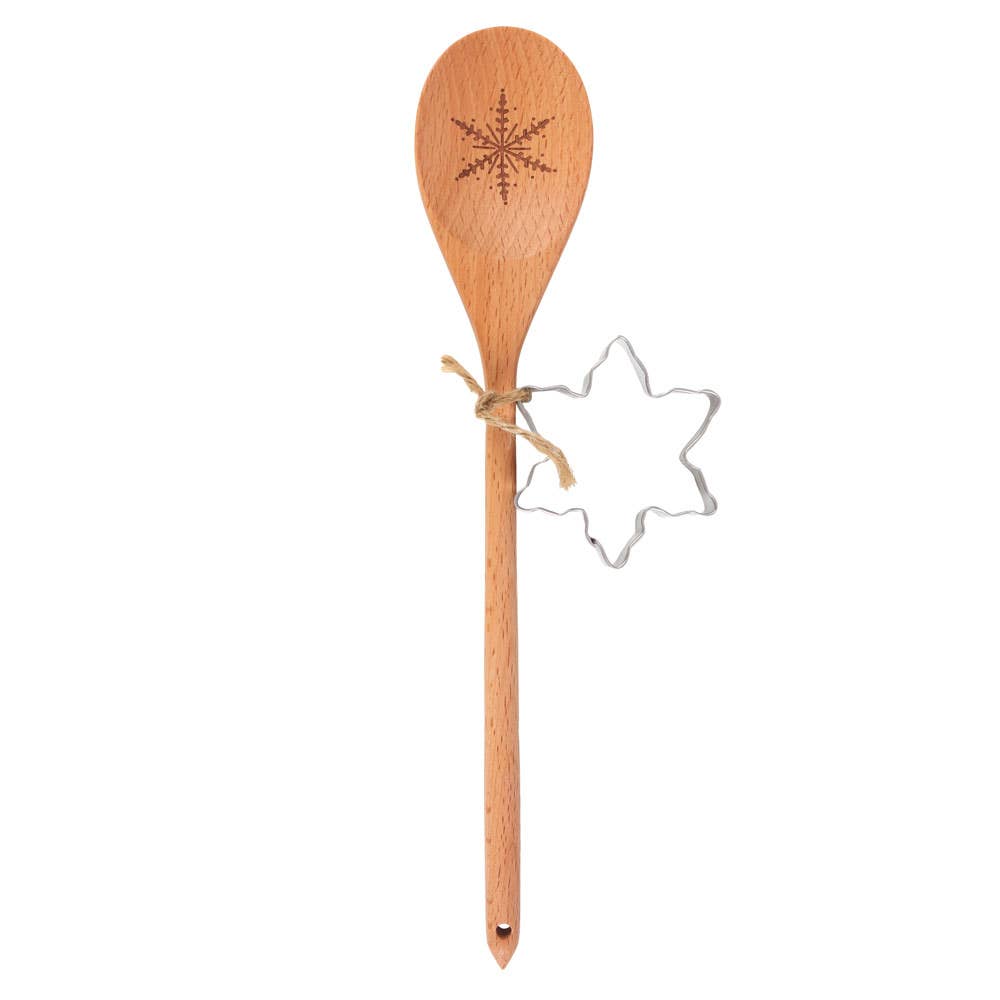 snowflake wooden mixing spoon and cookie cutter, holiday baking set