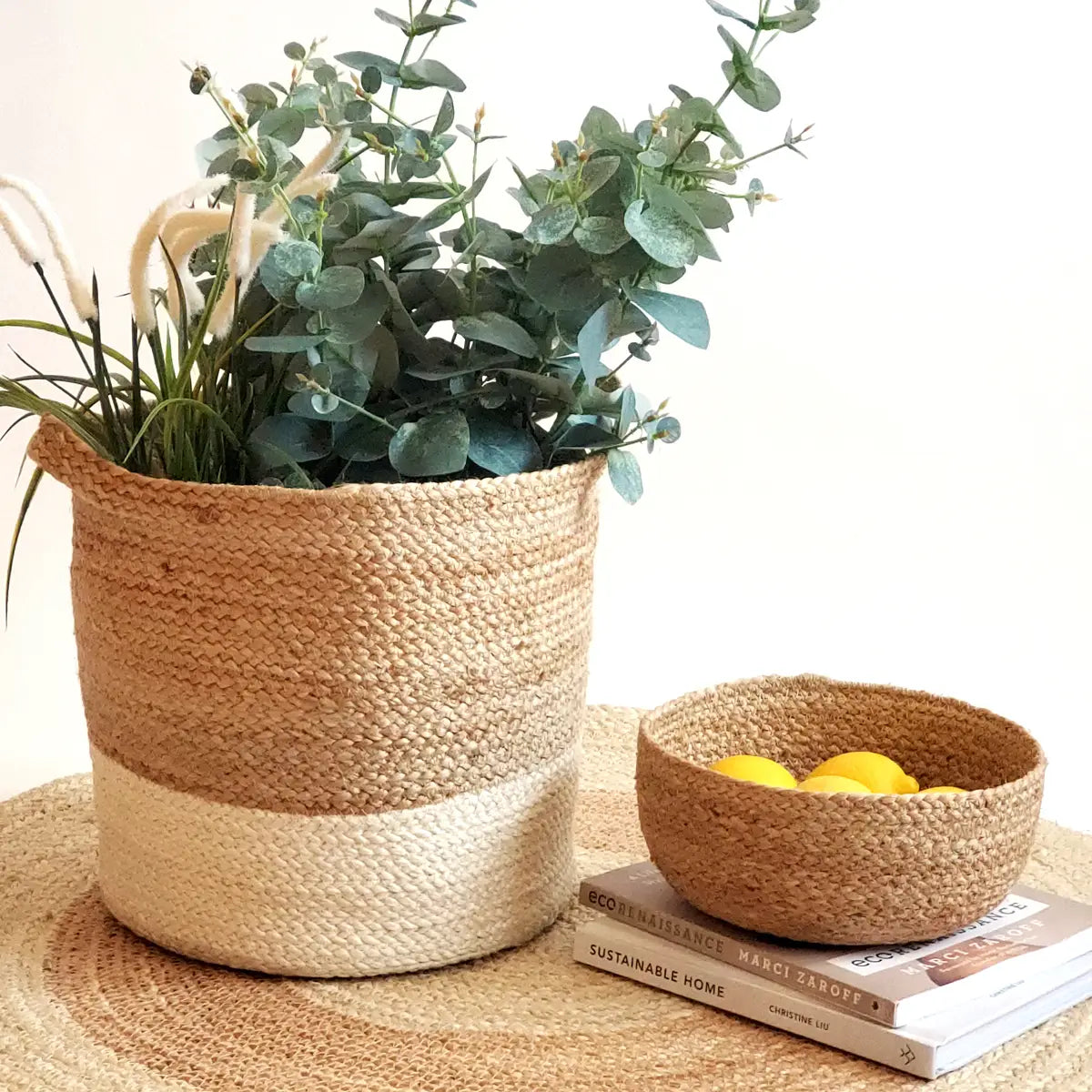 Kata colorblock storage baskets, set of 2, handmade in Bangladesh, color natural and white