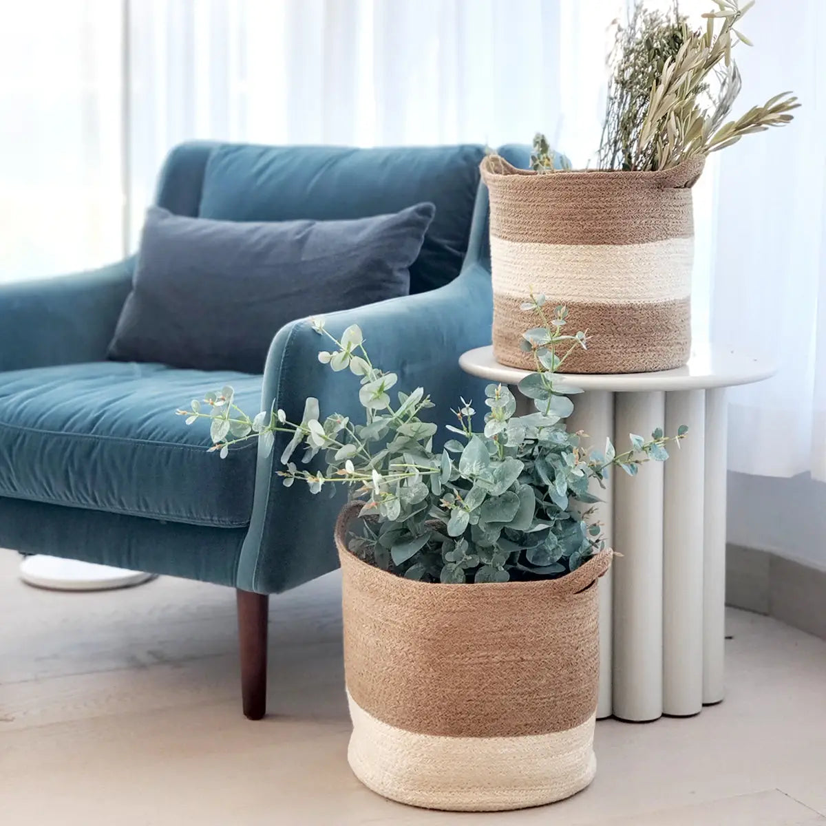 Agora colorblock storage baskets, set of 2, handmade in Bangladesh, color natural and white