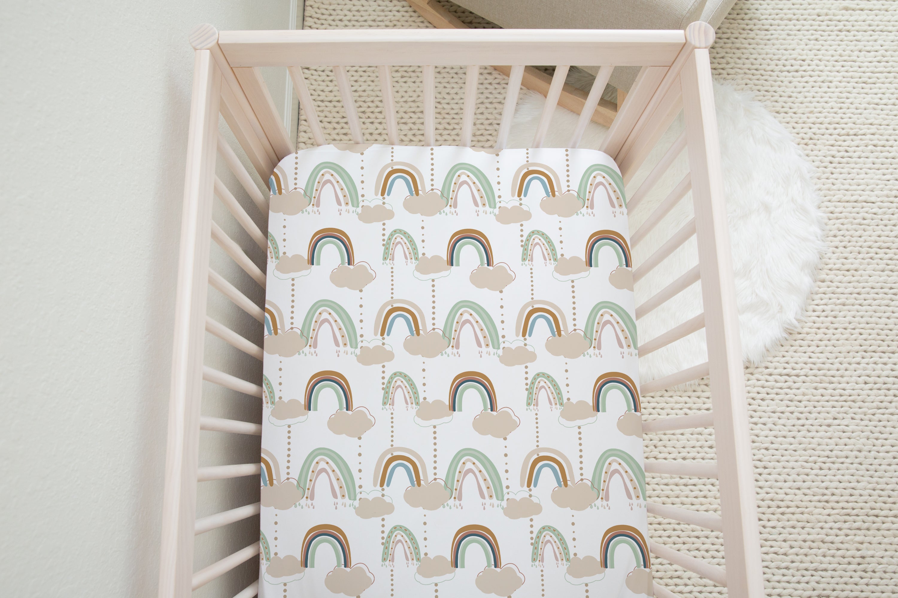 boo and rook childrens interiors boho rainbow gender neutral crib sheet, boho rainbow and floral collection, rainbow baby