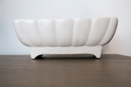 boo and rook children's interiors studio, loved and found collection, vintage nursery decor and accessories for a simple, beautiful and modern space, vintage ivory ceramic rectangular bowl vase with subtle scalloped detail , multi function,  nursery shelf decor, modern french feminine nursery accessories and decor