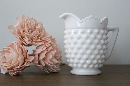 boo and rook children's interiors studio, loved and found collection, vintage nursery decor and accessories for a simple, beautiful and modern space, vintage hobnail milk glass creamer , multi function,  nursery shelf decor, modern feminine nursery accessories and decor