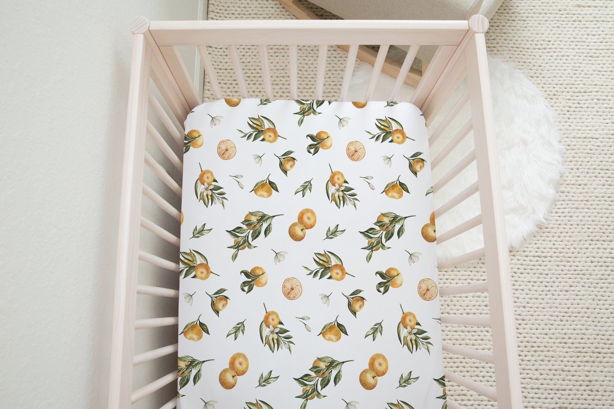 boo and rook citrus collection crib sheet, gender neutral nursery decor