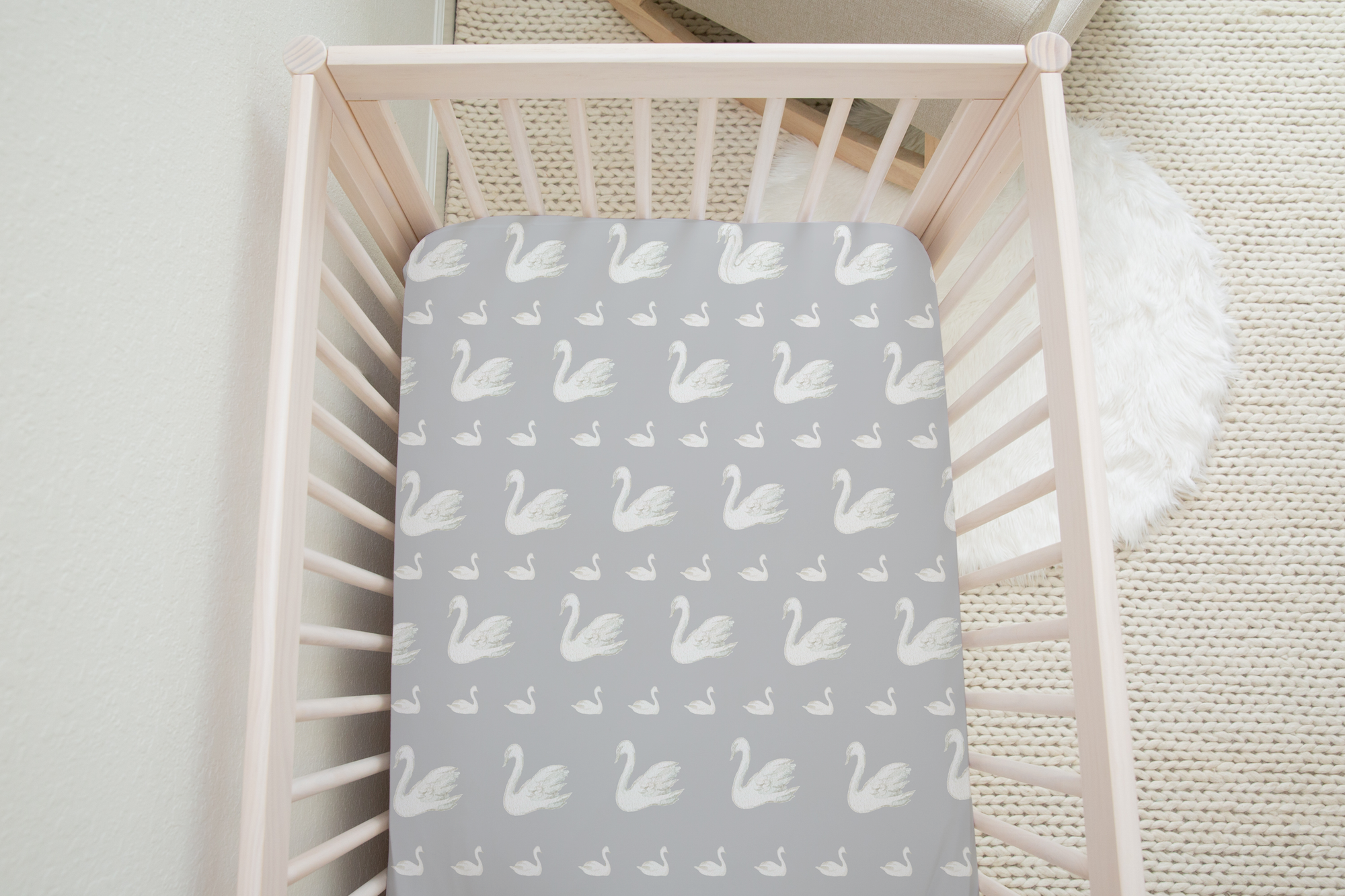 boo and rook, nursery decor and baby bedding for the modern mom, swan lake crib sheet and baby blanket, swan lake baby girl nursery decor