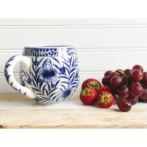 toasty morning mug, blue and white hand painted ceramic 