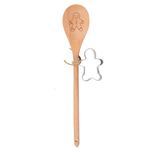 gingerbread man wooden mixing spoon and cookie cutter, holiday baking gift set