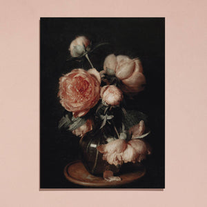 print of famous vintage european oil painting featuring farmhouse peonies still life
