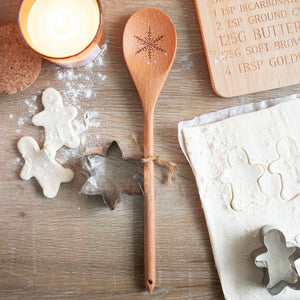 snowflake wooden mixing spoon and cookie cutter, holiday baking set