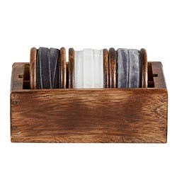 wood box featuring three velvet ribbon spools