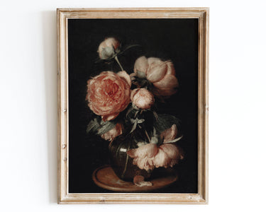 print of famous vintage european oil painting featuring farmhouse peonies still life