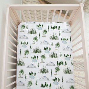 boo and rook watercolor forest trees lakes mountains outdoor baby boy nursery decor crib sheets baby blankets baby shower gift