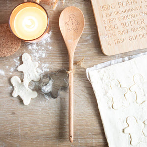 gingerbread man wooden mixing spoon and cookie cutter, holiday baking gift set