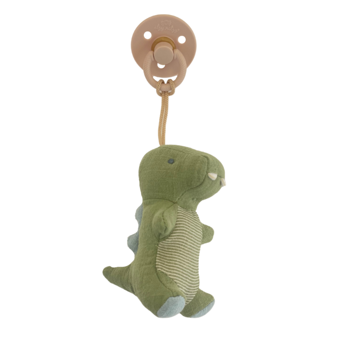 Itzy Bitzy natural rubber pacifier and stuffed dinosaur