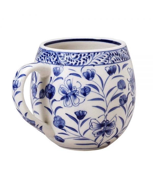 toasty morning mug, blue and white hand painted ceramic 