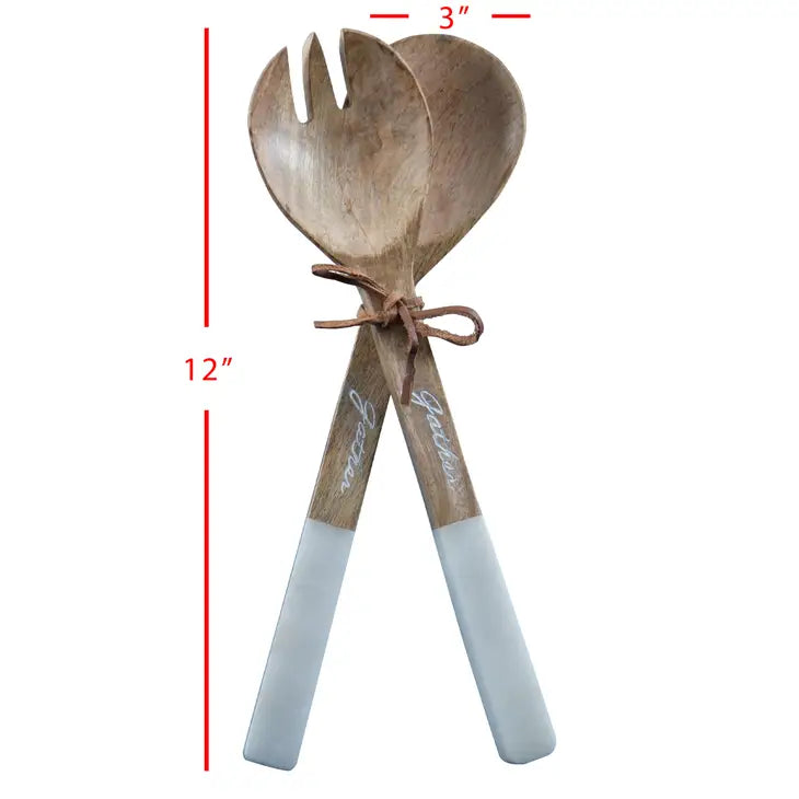 gather salad spoon and fork set, marble and wood