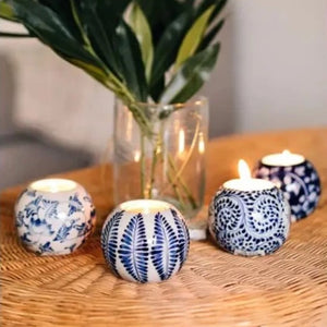 set of 4 blue and white hand painted ceramic tea light holders
