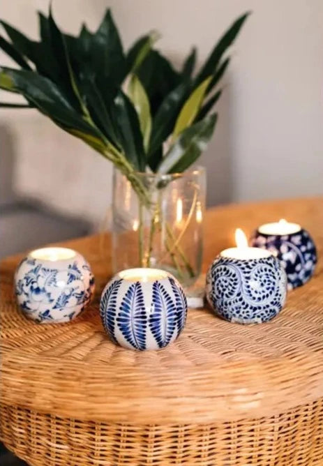 set of 4 blue and white hand painted ceramic tea light holders